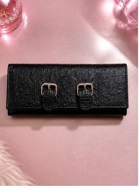 Y2K Black Faux Leather Buckle Wallet Studded Texture Trifold Clutch 2000s Retro